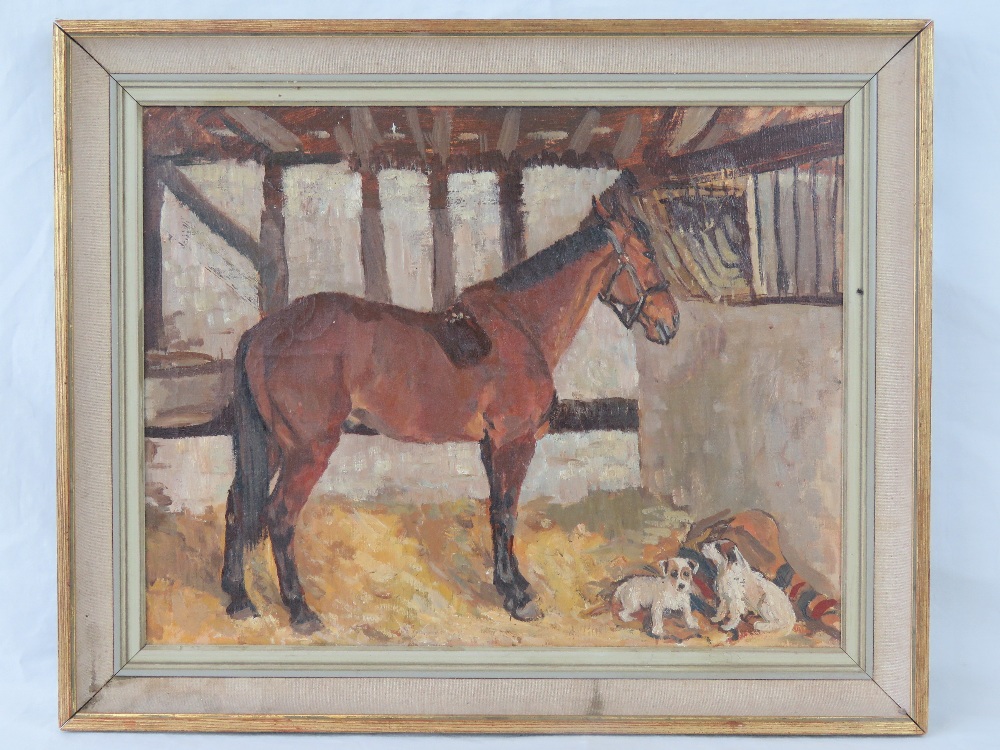 Oil on canvas; Hunter within stable setting, Terriers with hay rack over, 35 x 44cm, unsigned.