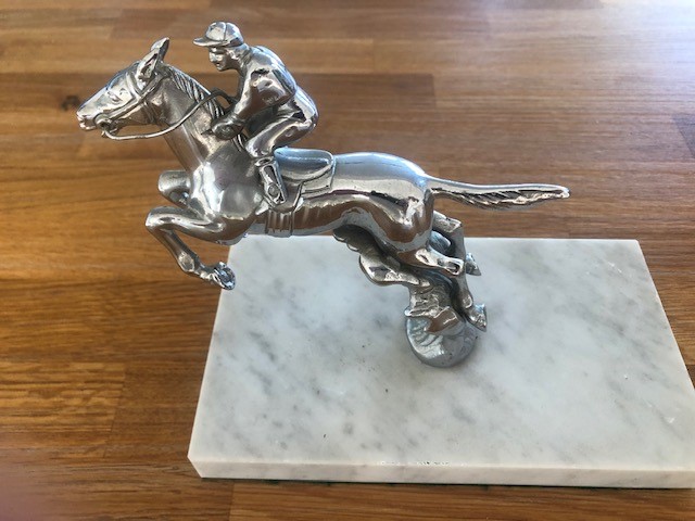 A chrome horse & jockey car mascot, probably by Lejeune, mounted on polished marble base, 13.