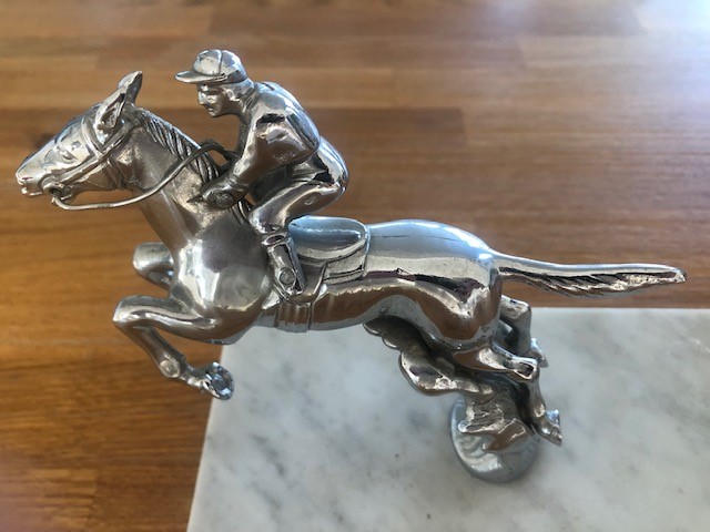 A chrome horse & jockey car mascot, probably by Lejeune, mounted on polished marble base, 13. - Image 3 of 3
