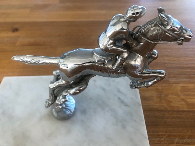 A chrome horse & jockey car mascot, probably by Lejeune, mounted on polished marble base, 13. - Image 2 of 3