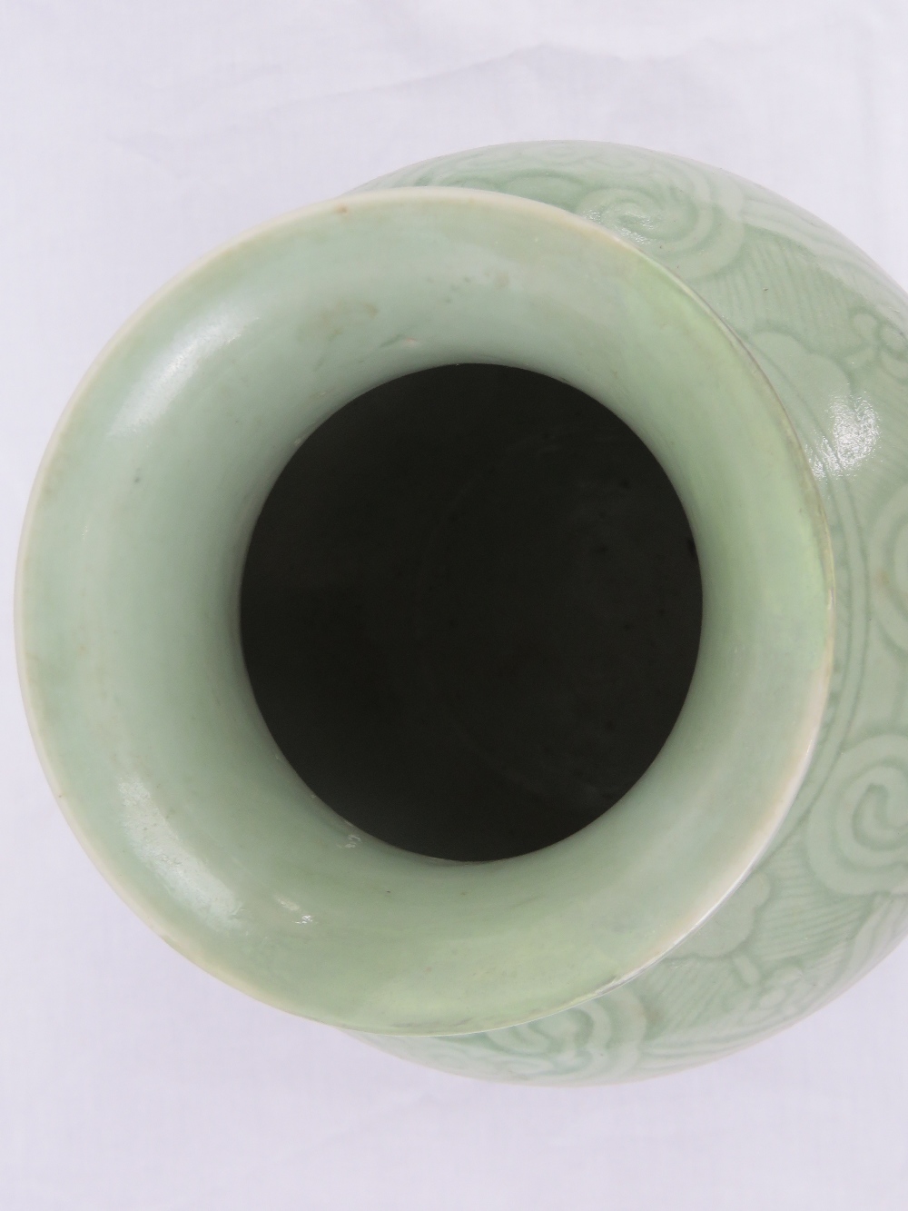 A Republican Chinese celadon green ovoid vase with foliate scrolls, flower heads and lappet border, - Image 3 of 3
