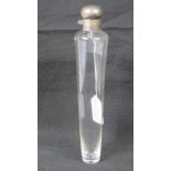 A HM silver and clear glass conical hunting flask, the hinged cap with screw locking mechanism,