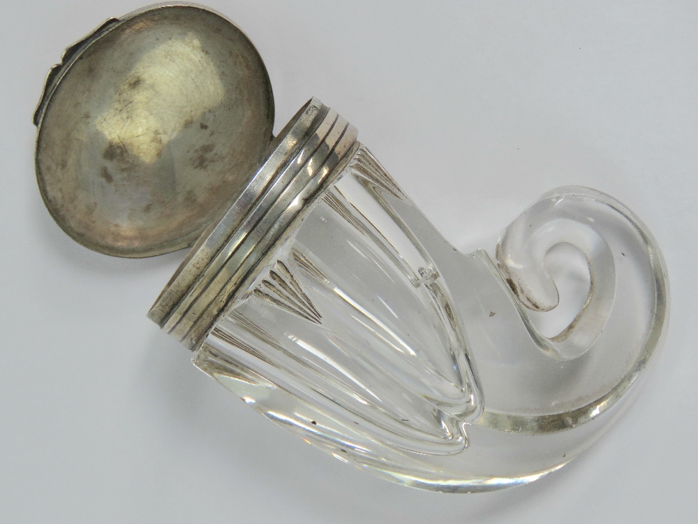 A cut glass 'rams horn' snuff mull having white metal hinged lid, 7.5cm high. - Image 2 of 2