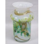 An unusual heavy overlaid Art Glass open necked vase in mottled greens and browns upon a white