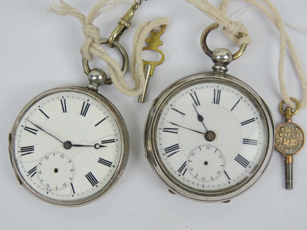 A 935 silver key wind pocket watch having enamelled dial with Roman numerals and subsidiary seconds