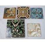 A quantity of five decorative late 19th / early 20th century tiles.