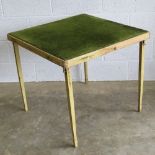 A vintage baise top games/card table with spring loaded folding legs, 76cm square.
