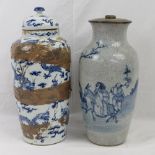 A 19thC Chinese grey crackle glazed vase painted with underglaze blue figures and a horse in a