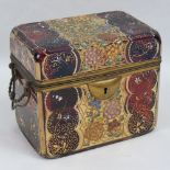 A delightful ruby glass gilded lidded casket having brass end handles and enamelled flowers upon,