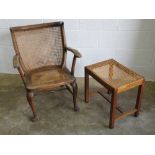 A cane work bergere mahogany framed open armchair in fine condition,
