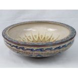 An unusual hand painted pearlescent Delft pottery bowl, 31cm dia.