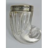 A cut glass 'rams horn' snuff mull having white metal hinged lid, 7.5cm high.