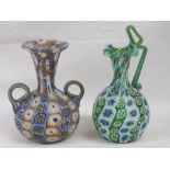 Two opaque millefiori type glass items being a vase and a ewer, 14cm high.