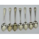 Seven assorted HM silver teaspoons, each having London hallmark c1796 - 1836, total weight 3.56ozt.