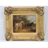 Oil on panel; in the circle of JF Herring, study of three cart horses within farmyard, fowl, pigs,