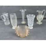 A quantity of six assorted large glass ewers, vases and jugs.
