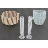 Two decorative glass bowls together with a pair of slender delicate striated spill vases.