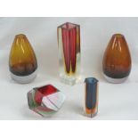 A quantity of heavy angular Art Glass including tall vase, short vase, faceted bowl,