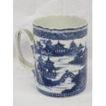 A fine large 18thC Chinese blue and white mug with double twisted reeded handle,