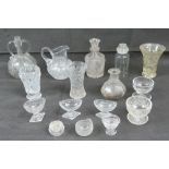 A quantity of assorted clear glassware including jugs, vases, salts, etc.