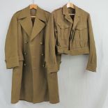 A WWII Royal Marine Sergeants overcoat and battle tunic with brass buttons and shoulder pips.