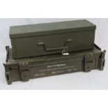 Two large ammunition crates; a British Military Land Rover wheel arch box,