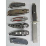 Seven lock knives including; Navy clasp knives, RAF Fighter Pilots survival knife,