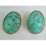 A pair of 18ct gold and turquoise clip on earrings, each measuring approx 2.8 x 2.