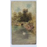 A delightful metal plate hand painted with river scene, swan with bridge beyond, unsigned,