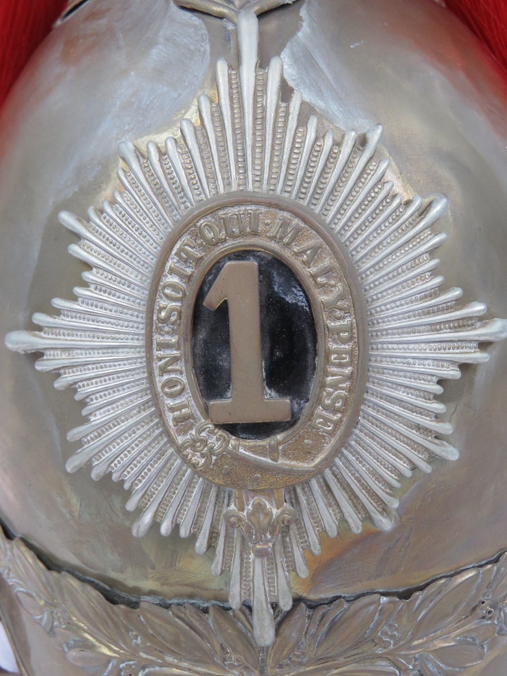 A Dragoon Guards 19th century brass helmet baring the number 1 to the shako plate, - Image 2 of 11