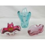 Three items of heavy coloured glassware.