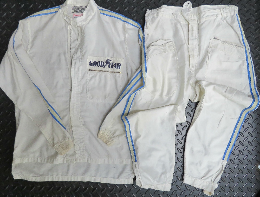 A set of white ground Les Leston vintage race overalls (for 42 chest),