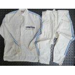 A set of white ground Les Leston vintage race overalls (for 42 chest),