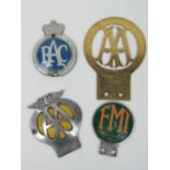 Four vintage car badges including; a Fellowship of the Motor Industry enamelled badge, 7.