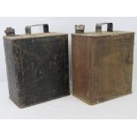 Two vintage metal petrol containers; one embossed Pratts,