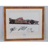 A framed print of the golden B&H Jordan 1996 signed by Rubens Barrichello,