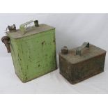 Two vintage metal petrol containers; one bearing Esso brass screw cap and complete with funnel,