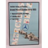 An original Grand Prix Buenos Aries 1955 poster featuring Fangio and Stirling Moss upon, framed,