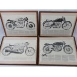 Four framed Allen Randall vintage motorbike prints including; Norton Manx, AJS7R, NV Agusta,