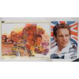 Four F1 racing themed posters, various sizes including; Jordan Honda, Eddie Irvine,