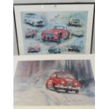 A framed Pat Moss 1991 poster depicting a montage of vintage rally cars,