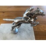 A chrome horse & jockey car mascot, probably by Lejeune, mounted on polished marble base, 13.
