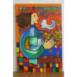 Oil on canvas; abstract figure with flowers, coloured shapes below,