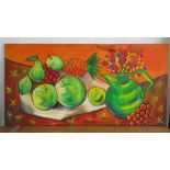 A large and vibrant oil on canvas, still life study of fruit and flowers, measuring 100 x 200cm.