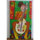 Oil on canvas; abstract figure playing cello on a vibrant multi-colour ground, 140 x80cm.