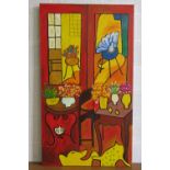 Oil on canvas; abstract room scene with furniture and flowers, on a vibrant multi-colour ground,