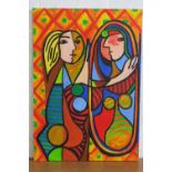 Oil on canvas; of abstract form depicting two figures upon on a vibrant multi-colour ground,