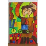 Oil on canvas; brightly coloured and of absract influcence havign figures and shapes upon,