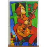 Oil on canvas; abstract figure playing guitar on a vibrant multi-colour ground, 100 x 60cm.