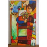 Oil on canvas; abstract figure with flowers and buildings beyond, on a vibrant multi-colour ground,